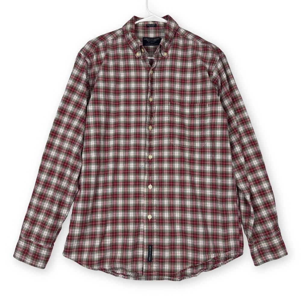 American Eagle Outfitters Mens Plaid Chambray Button Down Shirt Red Green Size M